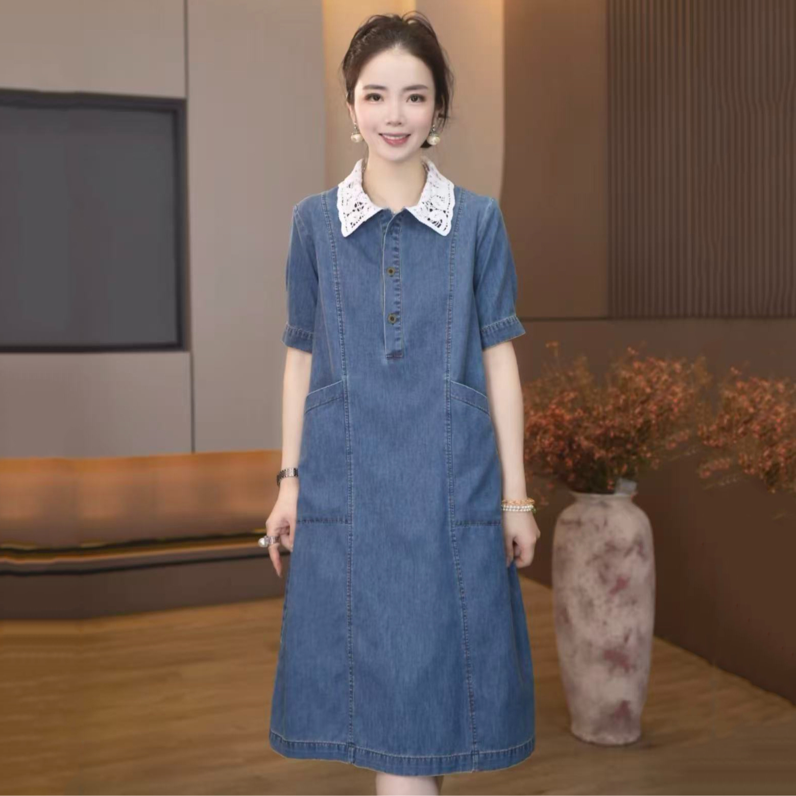 7696-9803连衣裙女宽松休闲时尚设计拼接蕾丝领短袖牛仔连衣裙