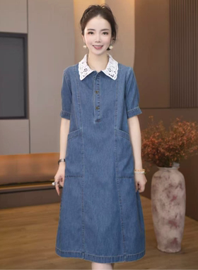 7696-9803连衣裙女宽松休闲时尚设计拼接蕾丝领短袖牛仔连衣裙