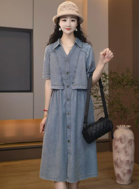 8883-2575夏季连衣裙女宽松休闲时尚翻领假两件牛仔裙子女