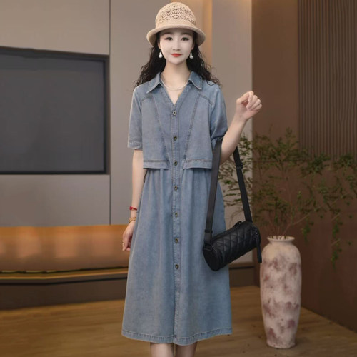 8883-2575夏季连衣裙女宽松休闲时尚翻领假两件牛仔裙子女