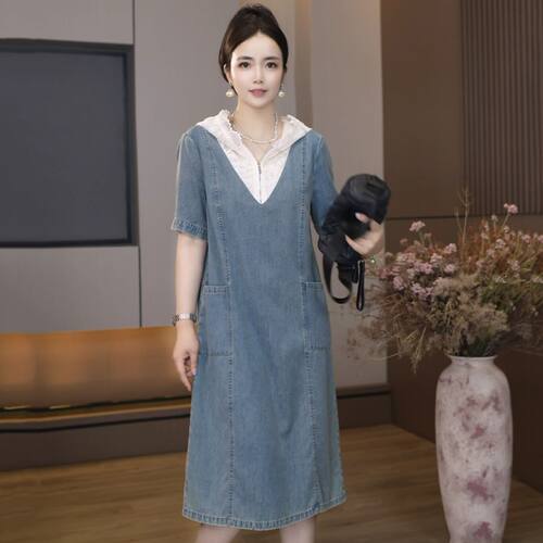 A-5801夏季新款设计小众衣服韩版高级气质连衣裙拼接牛仔连衣裙