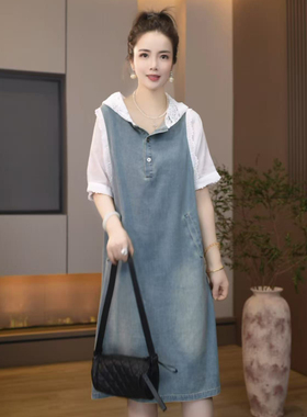 8877-5690-9802夏季韩版2025宽松休闲大码拼接连帽牛仔连衣裙女
