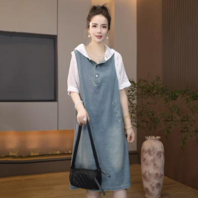 8877-5690-9802夏季韩版2025宽松休闲大码拼接连帽牛仔连衣裙女