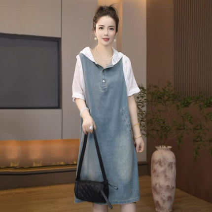 8877-5690-9802夏季韩版2025宽松休闲大码拼接连帽牛仔连衣裙女