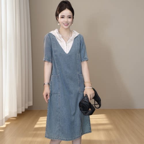 A-5801夏季新款漂亮衣服女装装韩版宽松休闲大码拼接牛仔连衣裙