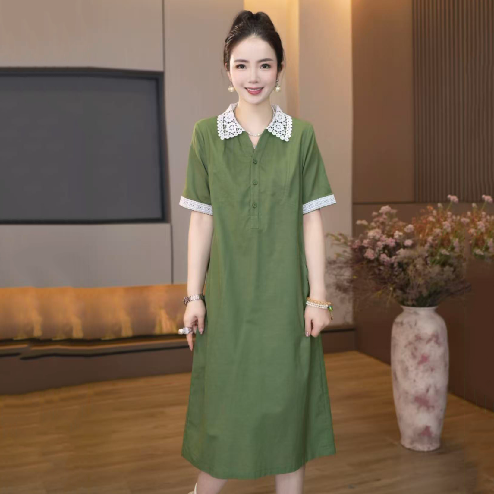 121夏季新款连衣裙韩版宽松休闲短袖拼接花边连衣裙女