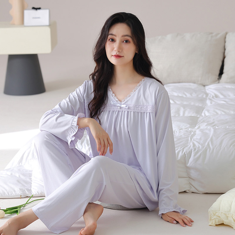 莫代尔睡衣女春秋V领蕾丝外穿高级感家居服中年妈妈套装长袖长裤