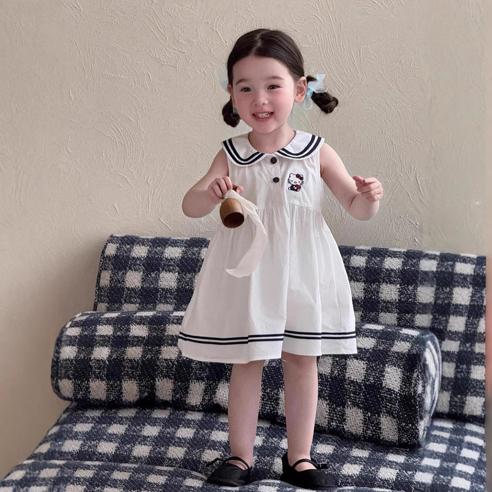 Loveacgg女童连衣裙夏季女童婴幼儿女宝宝KT学院风无袖连衣裙