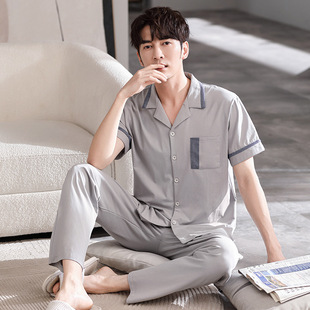 日本MUJIΕ睡衣男士夏季 纯棉短袖长裤家居服男款夏天薄款开衫