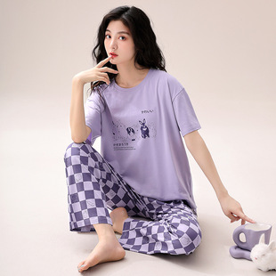 日本MUJIΕ睡衣女夏季纯棉短袖长裤女款夏天薄款休闲女式夏款半袖