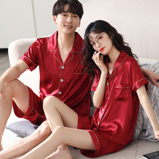 日本MUJIΕ情侣睡衣冰丝夏季新婚短袖短裤红色家居服结婚女士睡裙