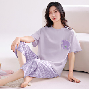 日本MUJIΕ睡衣女士夏季纯棉薄款短袖七分裤宽松大码夏天女款甜美