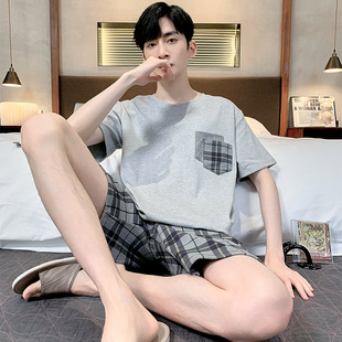 日本MUJIΕ男士睡衣男款夏季棉质短袖套头圆领加肥加大码家居服夏