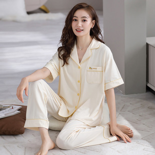 日本MUJIΕ睡衣女夏季纯棉短袖长裤女款夏天全棉薄款大码韩版夏款