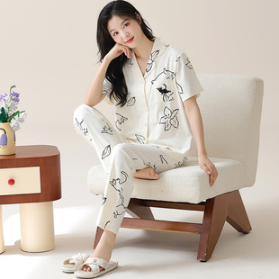 日本MUJIΕ莱卡棉睡衣女士夏季纯棉短袖长裤家居服夏天薄款开衫夏