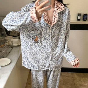豹纹KT睡衣女款冬季加绒法兰绒珊秋冬天珊瑚绒加厚保暖家居服套装