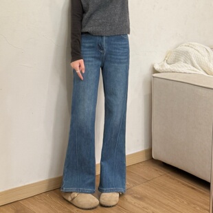 大妍【微喇牛仔】小个子秋冬韩系百搭显瘦高腰加绒微喇牛仔裤9386