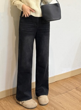 大妍【小黑牛】冬季小个子加绒加厚显瘦百搭黑色牛仔裤直筒裤9390