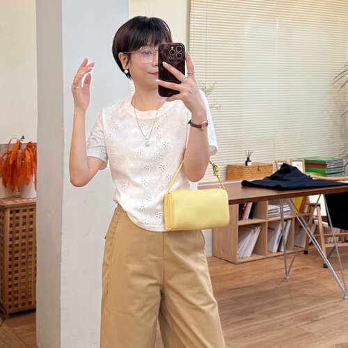大妍【花漾】小个子夏季简约镂空花朵短袖T恤1069