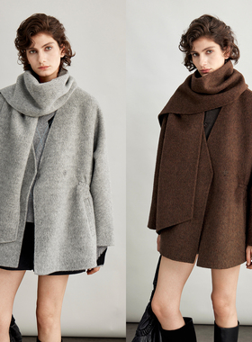 3ONE 耗牛绒桑蚕丝围巾款慵懒收腰显瘦宽松短款双面羊毛呢外套女