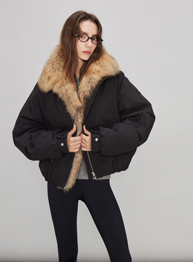 3ONE貉子大毛领拼接黑色短款90白鸭绒工装保暖宽松小众冬季羽绒服