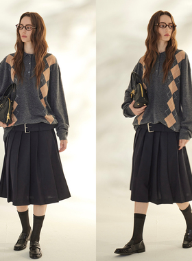 【清仓原495】3ONE复古宽松miu系灰色羊毛菱格针织Polo衫套头毛衣