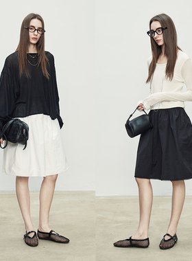 3ONE松紧腰miu系复古蓬蓬花苞半身裙 精致花边点缀高腰褶皱伞裙