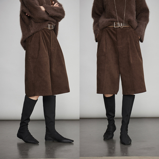 3ONE松弛时髦百搭咖色复古靴裤 miu系小腔调灯芯绒宽松阔腿中裤