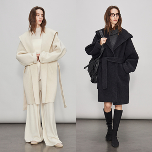 慵懒松弛感系带毛呢外套 双面羊毛呢大衣 3ONE 廓形宽松连帽中长款