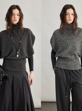 3ONE老钱松弛半高领加厚针织套头时尚蝙蝠袖短款羊绒羊毛无袖毛衣