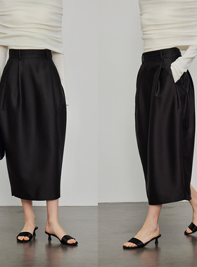 3ONE真丝羊毛高端气质时髦ROW风压褶设计高腰显瘦开叉花苞半身裙