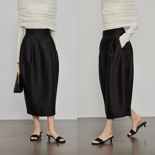 3ONE真丝羊毛高端气质时髦ROW风压褶设计高腰显瘦开叉花苞半身裙