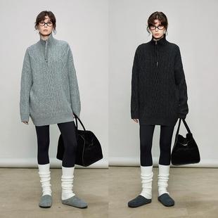 3ONE立领半拉链加厚老钱全羊毛设计感中长款宽松立体绞花毛衣外套