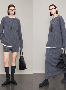 3ONE极简ROW风灰色麻花套装 圆领100羊毛立体绞花毛衣+短裤+半裙