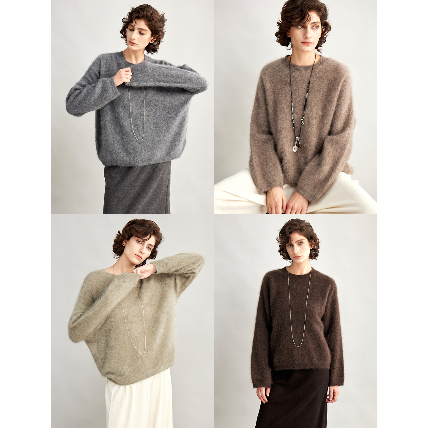 3ONE暖糯100绵羊毛手工拉绒圆领套头毛衣 柔软慵懒松弛针织毛衫女