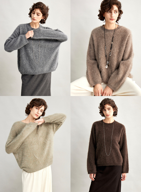 3ONE暖糯100绵羊毛手工拉绒圆领套头毛衣 柔软慵懒松弛针织毛衫女