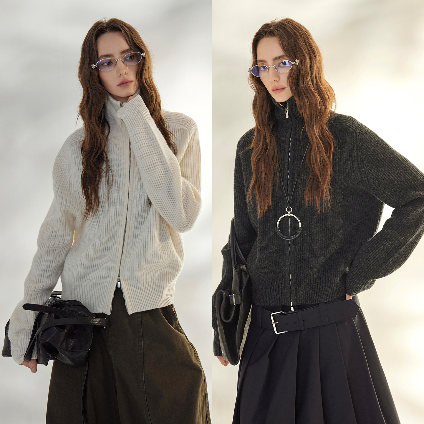 全羊毛立领开衫拉链毛衣