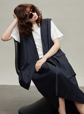 3ONE精纺羊毛 ROW风简约宽松阔版无袖马甲+高腰百褶A字MIU式半裙