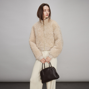 3ONE西班牙进口车圈圈托卡皮毛一体简约棒球立领拉链显瘦皮草外套