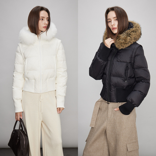3ONE【许妍穿搭】狐狸大毛领短款可拆卸袖子连帽收腰羽绒服加厚