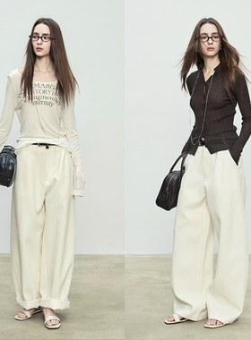 3ONE极简百搭街头感苎麻高腰显瘦阔腿裤 百搭ROW风极简镰刀休闲裤