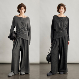 3ONE慵懒风收腰套装褶皱一字领露肩上衣百搭慵懒阔腿裤女秋季