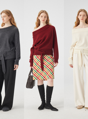 3ONE秋冬针织羊毛斜肩/一字肩宽松上衣高级感慵懒风软糯针织衫女