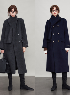 3ONE高支100羊毛正肩西装款双面呢大衣冬加厚双排扣围巾毛呢大衣