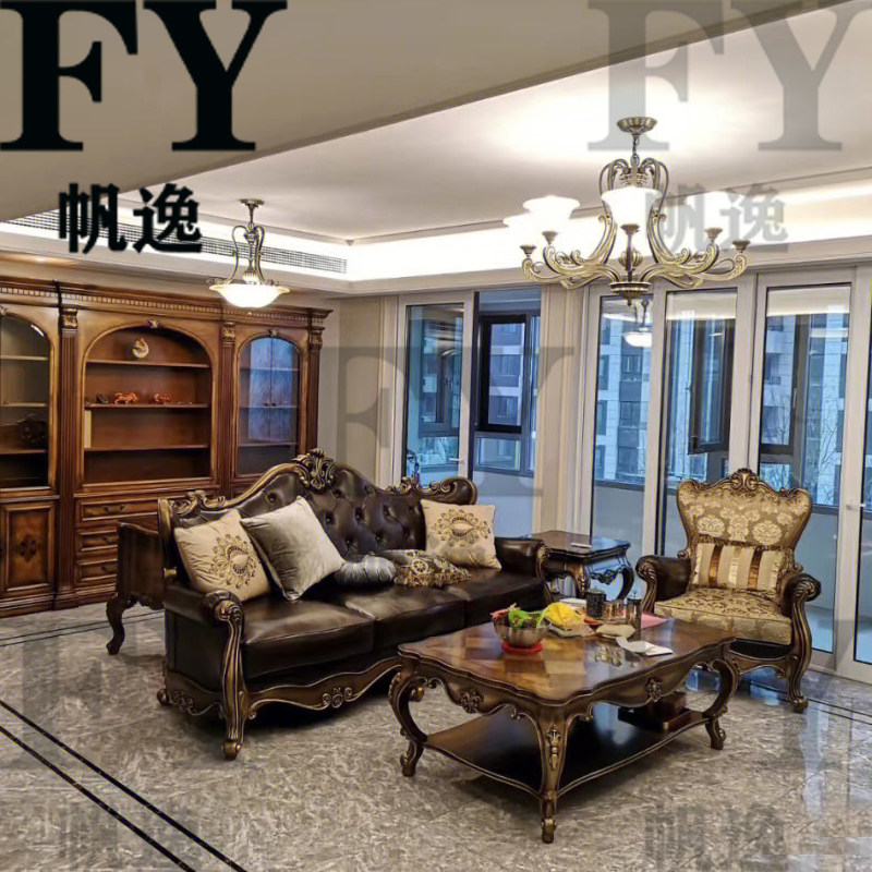美式321沙发欧林斯实木雕花沙发欧式复古真皮沙发别墅新款沙发