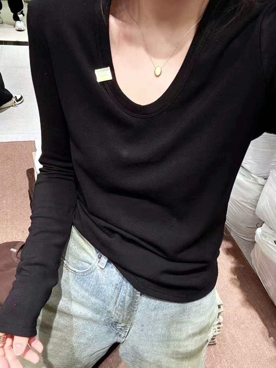 欧货洋气小衫纯色U 领弹力长袖小衫T恤打底衫时尚上衣内搭潮圆领