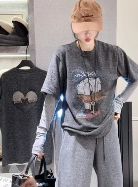 欧货十三行女装灰色卡通叠穿宽松中长款长袖T恤上衣显瘦百搭时髦