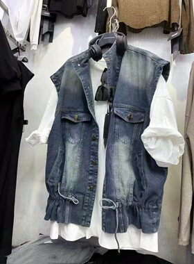 牛仔时尚欧货中长款感显南油重工瘦大码松弛新款外套宽松马甲开衫