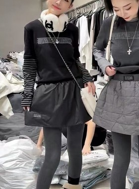 韩版小众灰色棉质A字半身裙女冬季加棉短裙里外皆暖叠穿风