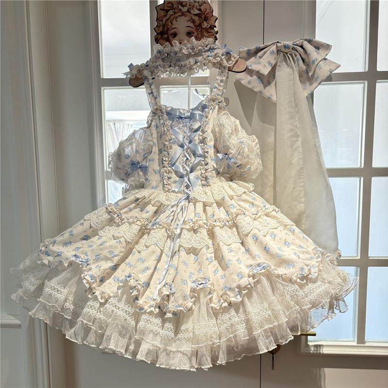 甜心草莓熊原创小玫瑰蓝白原创设计新品连衣裙洋装吊带芭蕾jsk